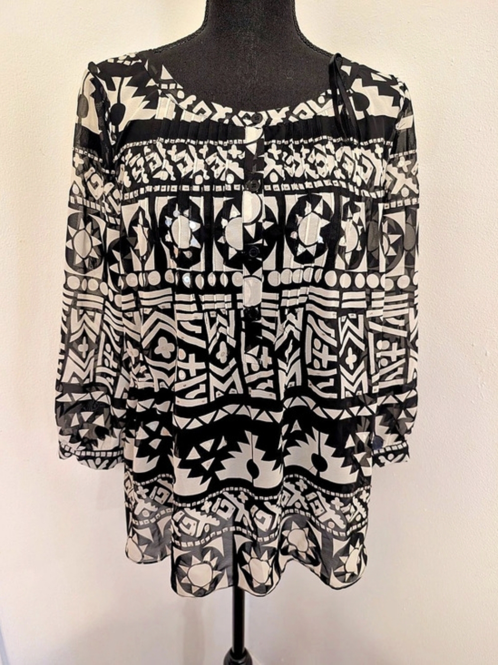 Nicole Miller Geometric Boho Sheer Chiffon Blouse Top 12